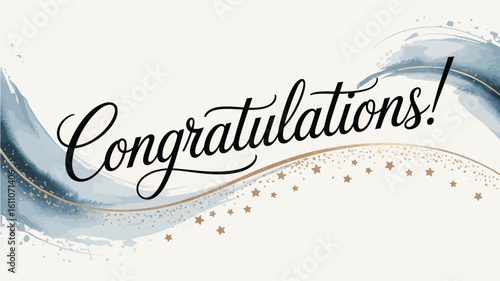  Elegant Congratulations Typography with Blue and Gold Wave Design and Scattered Stars for Celebration, Achievement, and Greeting Themes"