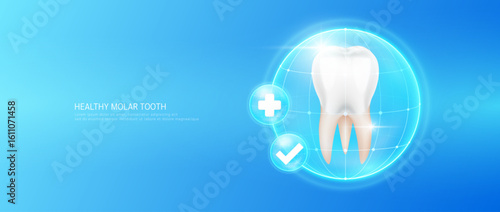 Healthy molar teeth in bubble dome transparent with check mark and plus sign on blue background. Strong and healthy tooth. Medical health care dentist or dentistry. 3D Vector EPS10.