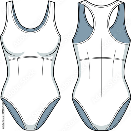 CAD Drawing Flat Vector Illustration, One-Piece Swimsuit Design Template, Front and Back Technical Fashion Sketch, Sleeveless Swimwear for Women  CAD Drawing Flat Vector Illustration, One-Piece 