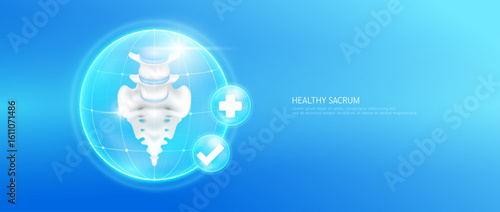 Healthy sacrum bone within bubble dome transparent with check mark and plus sign on blue background. Strong pelvis cartilage joint anatomy. Medical health care concept. 3D Vector EPS10.