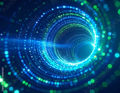 Swirling Data Vortex: Glowing Blue & Green Points in Digital Space. Mesmerizing Abstract Tech & Information Flow