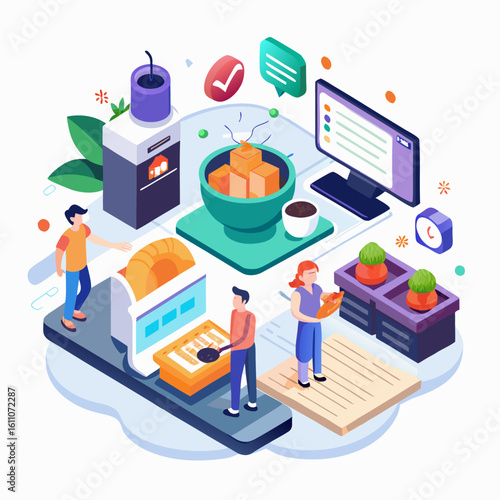 Isometric illustration of people preparing food and working on a computer isolated on white background