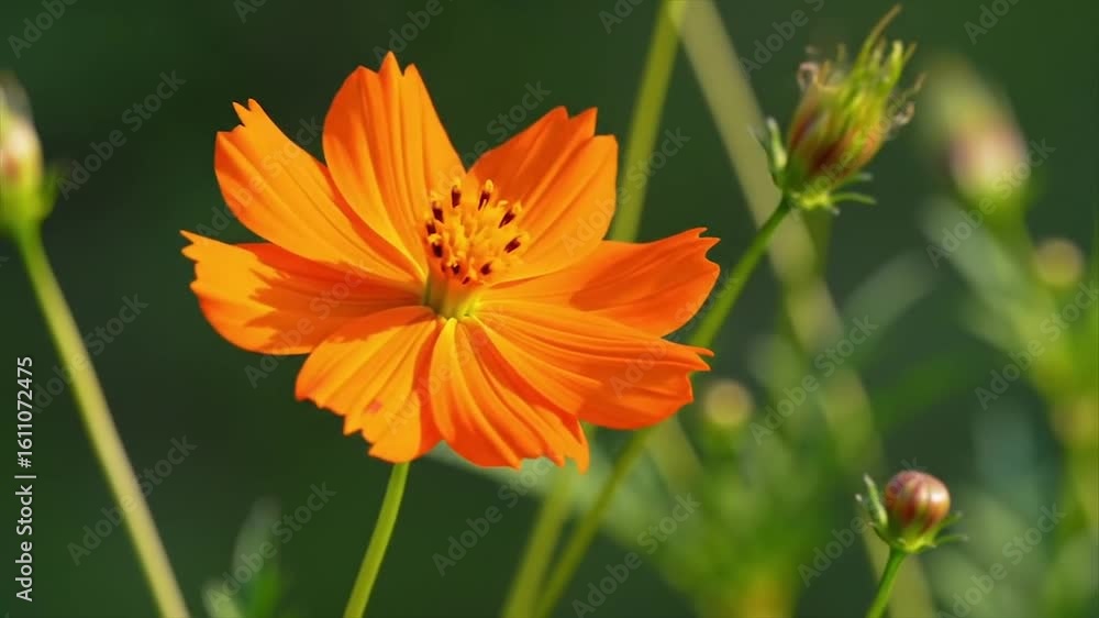Close-up of vibrant orange cosmos flower. Detailed floral photography with red-tinged petals. Natural garden setting with soft lighting. Close-up of vibrant orange cosmos flower. Detailed floral photography with red-tinged petals. Natural garden setting with soft lighting.