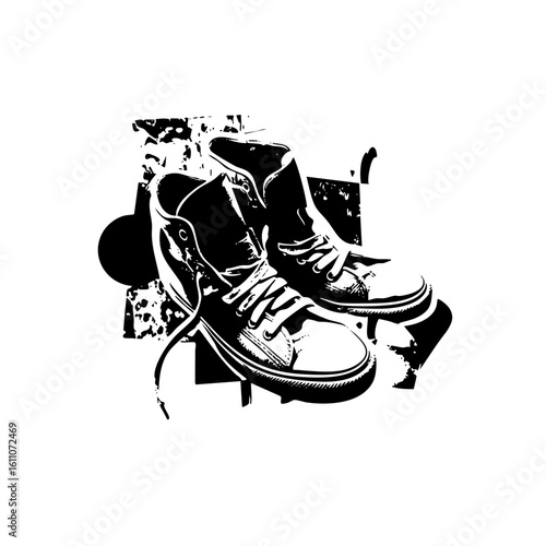 Vector Dynamic footwear featuring high-top sneakers and a skateboard.