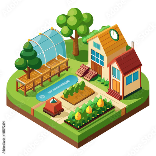 Isometric farm with greenhouse house garden and pool isolated on white background