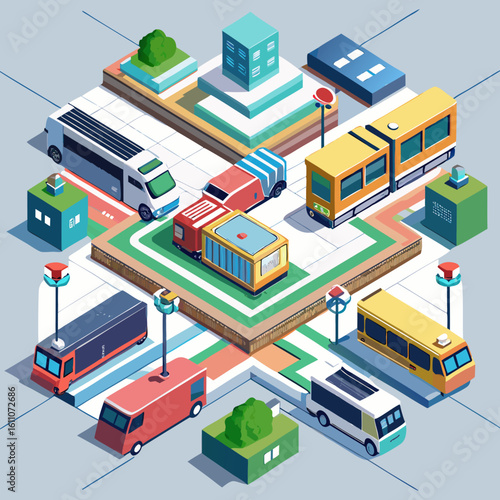 Isometric city transportation system with vehicles and buildings isolated on white background