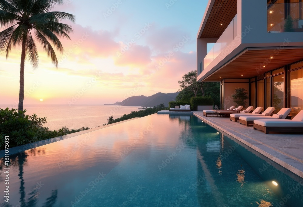 Fototapeta premium exquisite villa infinity pool luxury sunset ocean view serene retreat tranquil horizon relaxation getaway, vacation, sky, landscape, nature, trunquil, wave