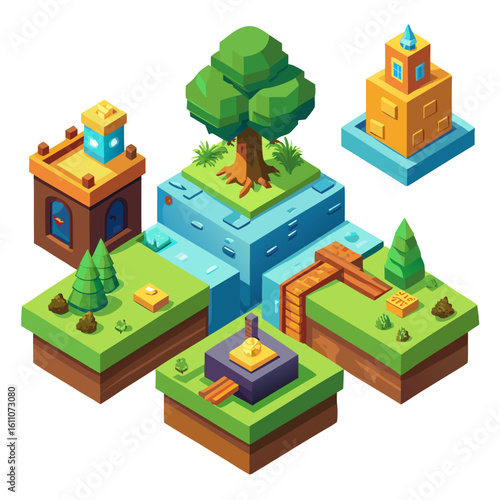 Isometric pixel art game world with buildings and nature isolated on white background