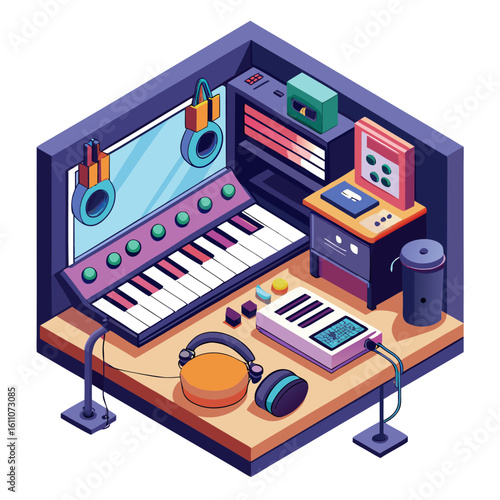 Isometric music studio setup with keyboard and headphones isolated on white background