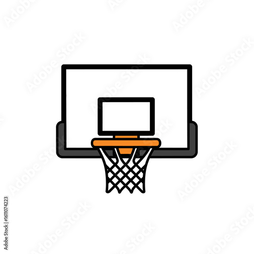 Simple line drawing of a basketball hoop and net.