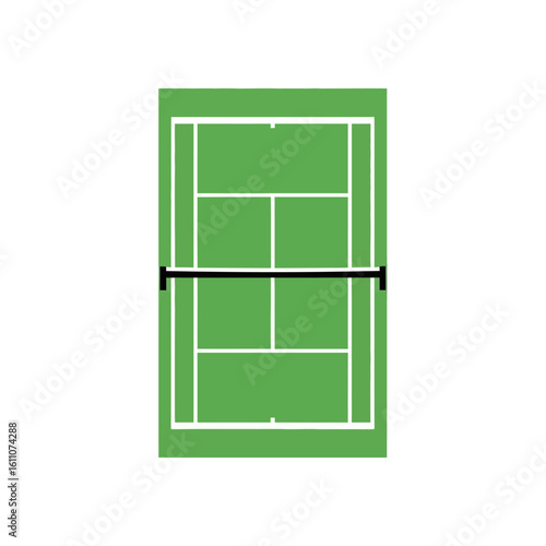 An aerial top-down view of a green tennis court with white lines and a black net.