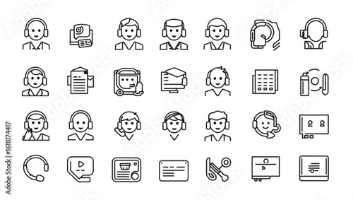 Collection of outline icons representing customer service and support related themes and communication tools created with generated ai