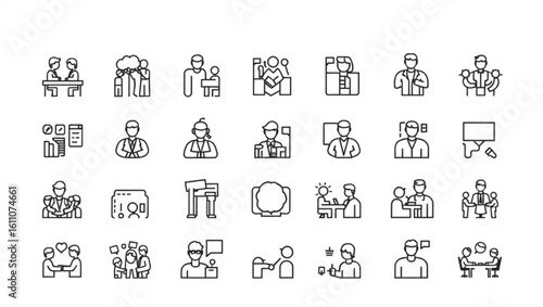Illustration of various people in different scenarios such as meetings and presentations in outline style created with generated ai