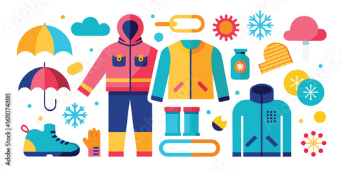 Travel and tourism vector illustration with a set of icons of men, women, and children in various fashion and clothing designs, including jackets and shirts