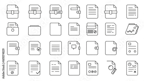 Illustration of various document and file icons with different styles and arrangements in a grid format created with generated ai