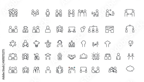 Illustration of various business and social interaction icons in a simple line art style format created with generated ai