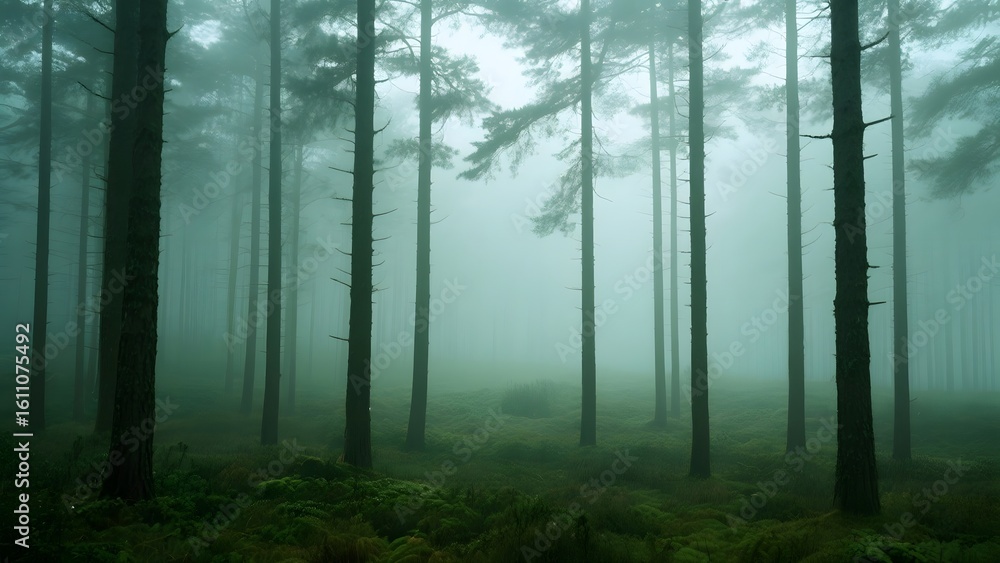 Obraz premium Misty Pine Forest: Tall Trees Enveloped in Fog