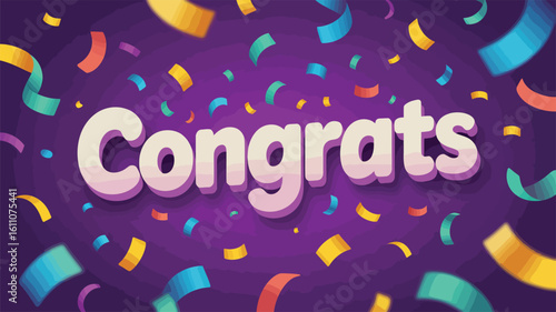 Bold White Congrats Typography on Purple Background with Colorful Confetti Elements for Festive Celebrations and Achievement Messages"