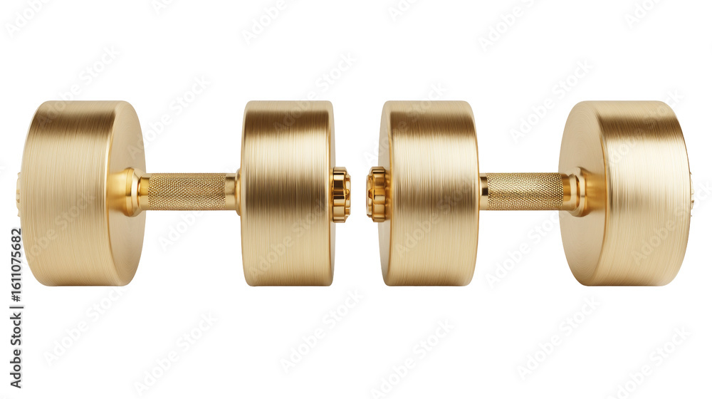 Fototapeta premium Pair of gold dumbbell weights with shiny metallic finish isolated, transparent background