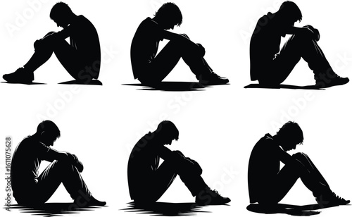 silhouette figures sitting in poses of sadness and despair