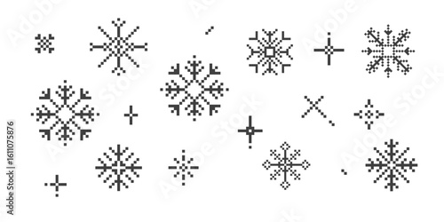 Pixel snowflake border winter retro pixilated 8 bit game stamp. Y2k snow divider, minimal simple. Holiday flake ornament. Simple crystal ornament