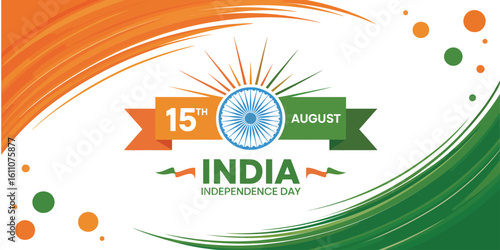  India Independence Day Design with Ashoka Chakra, Tricolor Swirls, and Festive Dots for August 15th Celebration and National Pride"