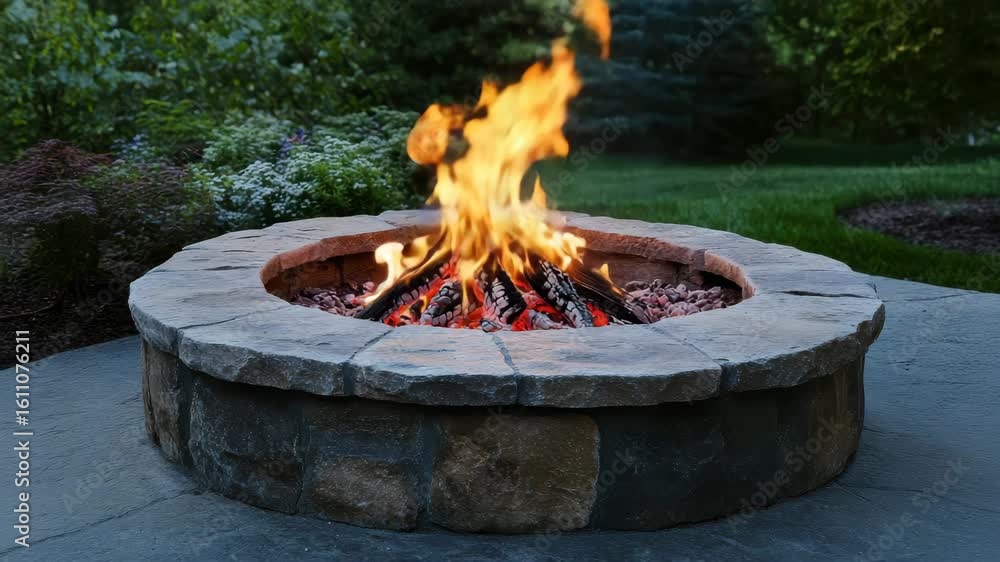 Outdoor fire pit burning wood with bright flame on stone patio in backyard garden, warm glowing flame creating cozy nature atmosphere for outdoor patio enjoyment Outdoor fire pit burning wood with bright flame on stone patio in backyard garden, warm glowing flame creating cozy nature atmosphere for outdoor patio enjoyment