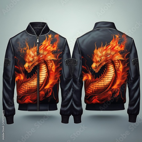 Fashion bomber jacket with fiery dragon artwork and glowing flame details on sleeves, featuring fantasy-style embroidery and epic creature design – perfect for cosplay and streetwear.