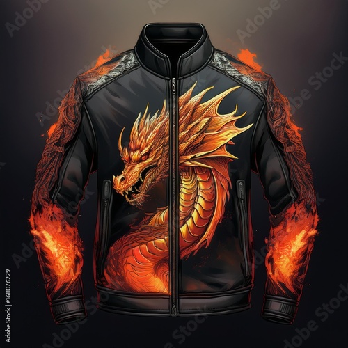 Fashion bomber jacket with fiery dragon artwork and glowing flame details on sleeves, featuring fantasy-style embroidery and epic creature design – perfect for cosplay and streetwear.