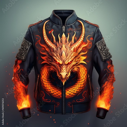 Fashion bomber jacket with fiery dragon artwork and glowing flame details on sleeves, featuring fantasy-style embroidery and epic creature design – perfect for cosplay and streetwear.