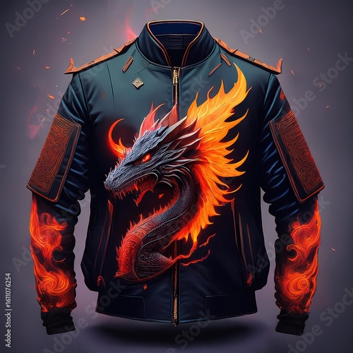 Fashion bomber jacket with fiery dragon artwork and glowing flame details on sleeves, featuring fantasy-style embroidery and epic creature design – perfect for cosplay and streetwear.
