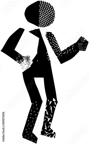 Vector Stylized figure with patterned limbs gestures dynamically.