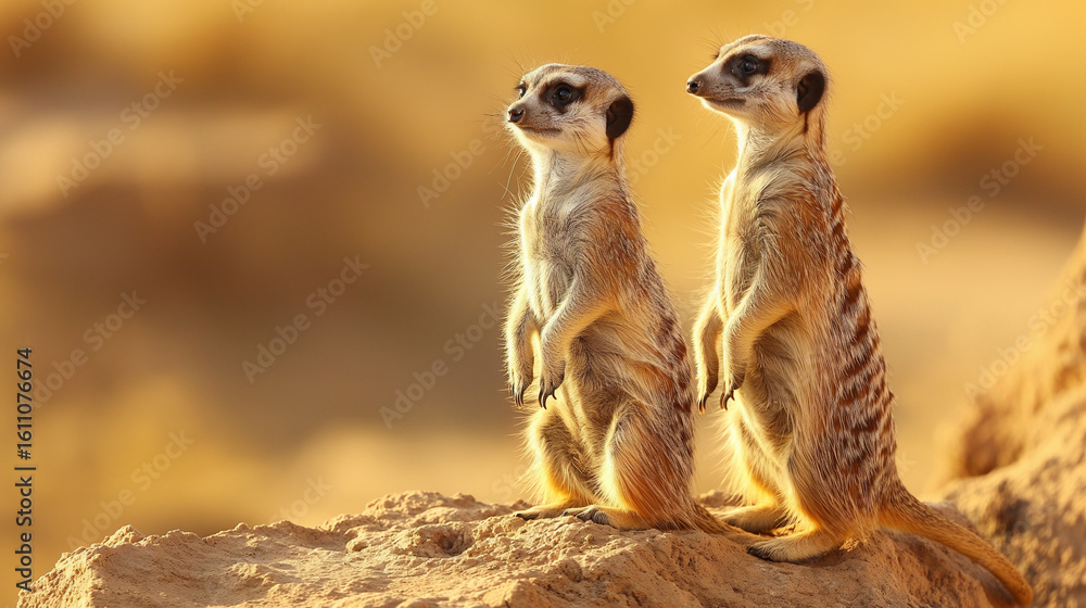 Fototapeta premium Two meerkats standing guard on a rocky outcrop in the desert