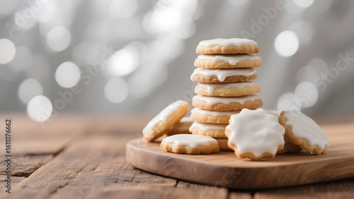 Stack of Glazed Cookies on a Wooden Board with Bokeh Background