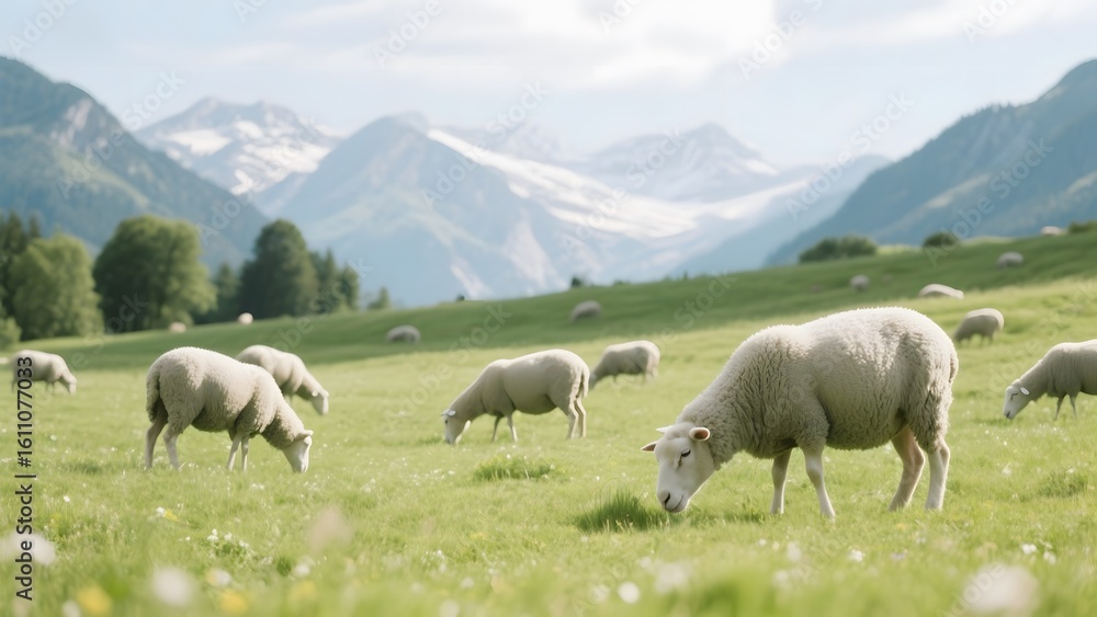 Fototapeta premium Sheep grazing in a lush green field with mountainous backdrop
