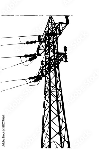 Vector Detailed black silhouette of a high-voltage electricity pylon with connecting wires.