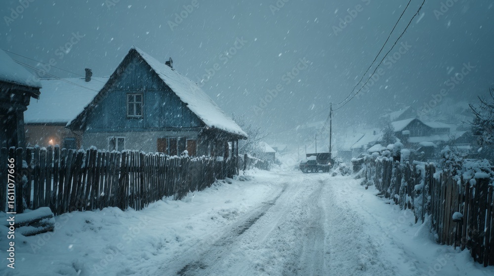 Fototapeta premium Blizzard over mountain village