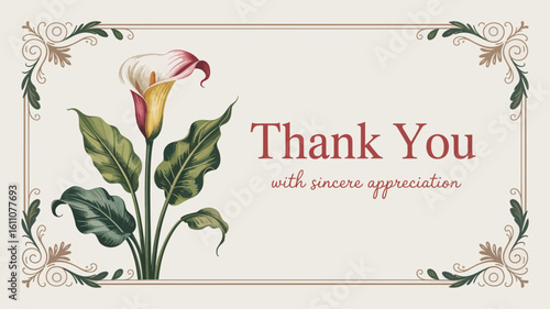  Ornate Thank You Card with Red Text, Calla Lily Illustration, and Floral Scroll Border for Sincere Gratitude and Elegant Appreciation"