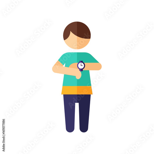 A flat design character looking down at a purple wristwatch to check the time.