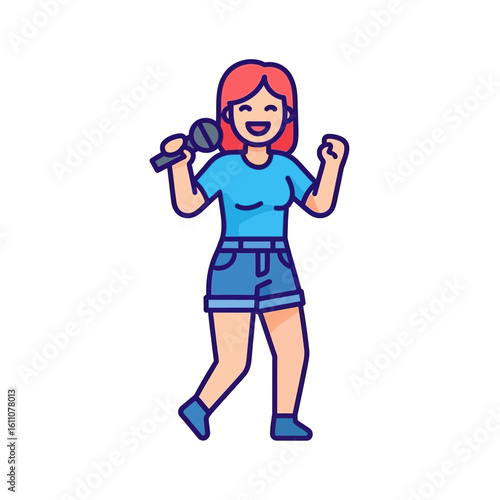A cheerful cartoon woman with red hair joyfully sings into a microphone while dancing.