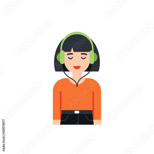 Minimalist flat design illustration of a person with short black hair wearing vibrant green headphones, eyes closed in relaxed listening.