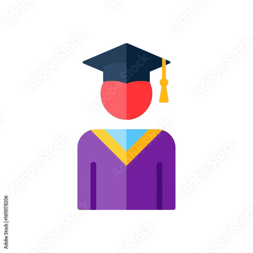 A flat design icon depicting a graduate student wearing a cap and gown, symbolizing academic achievement and completion.