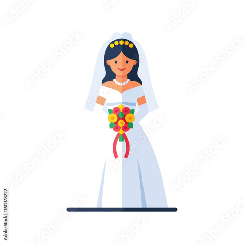 A smiling bride in a white gown holds a colorful bridal bouquet.