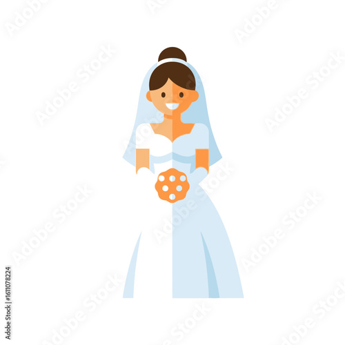 A smiling cartoon bride in a white wedding dress and veil holding a floral bouquet.