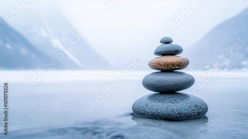 Serene Stone Stacking in Front of Tranquil Frozen Landscape