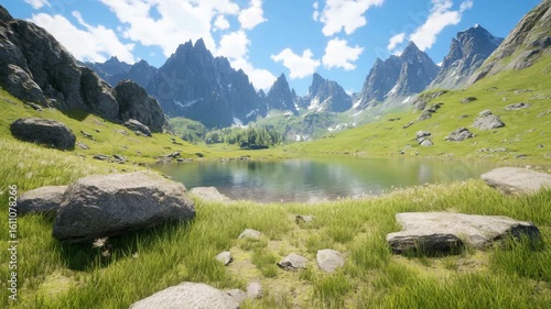Serene Mountain Landscape with Lake and Lush Greenery in Daylight