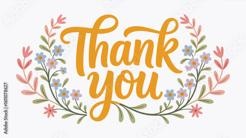  "Decorative Thank You Typography with Pink and Blue Floral Frame and Green Leaves on White Background for Gratitude and Celebration Themes"