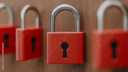 Red Padlocks Hanging on a Wooden Wall with Keyholes in View