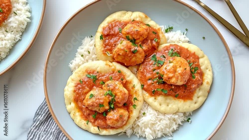 Savory Chicken Dish Served with Rice and Soft Flatbread on Plate