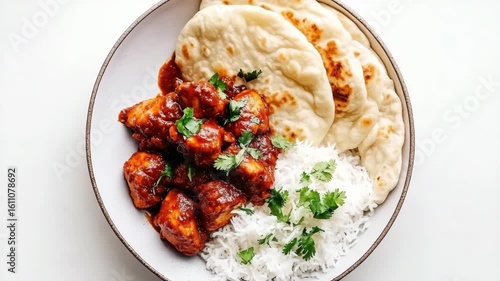 Delicious Chicken Curry with Rice and Flatbread on a White Plate